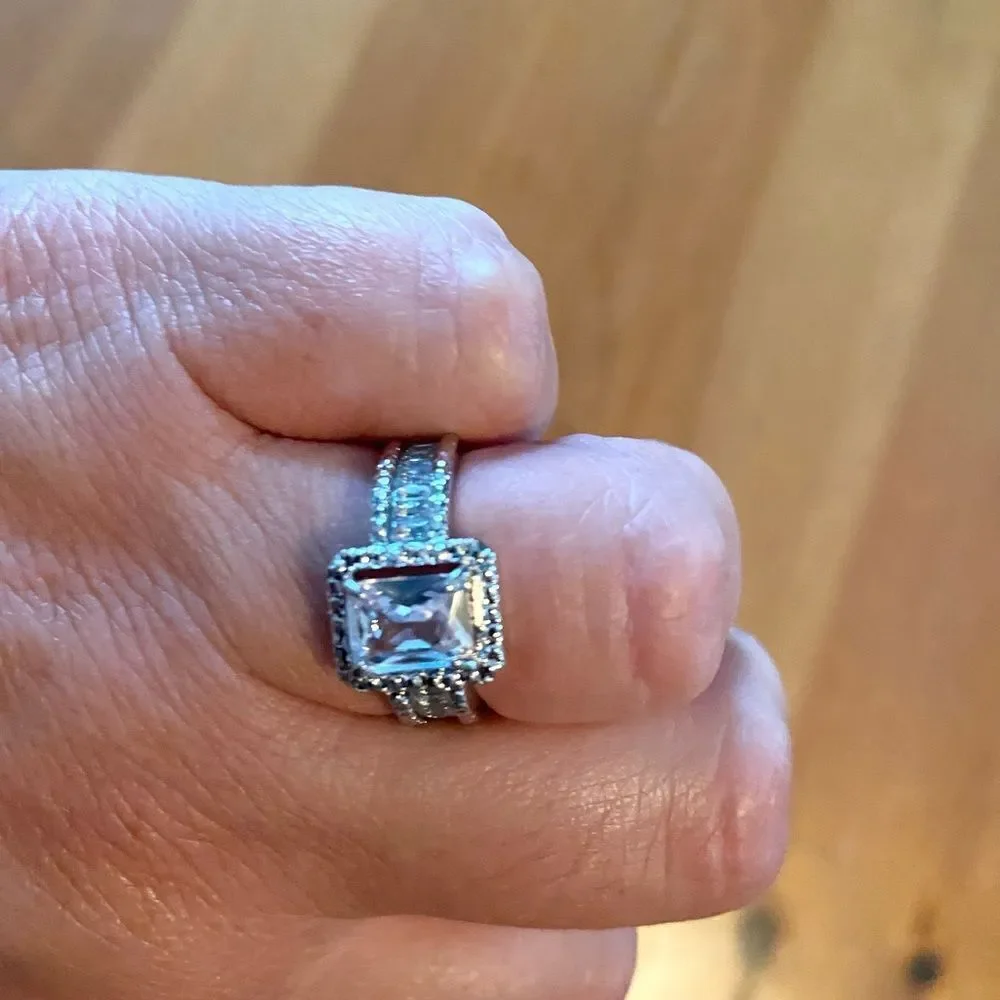 Emerald Cut  & Baguette Diamond Halo Sterling Wedding Engagement Ring